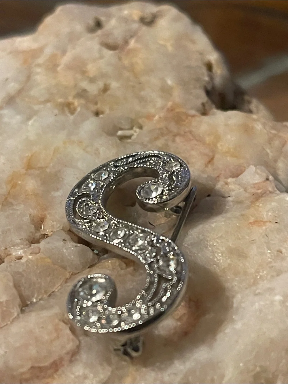 Monet Silver-Tone 'S' Brooch with Clear Crystals